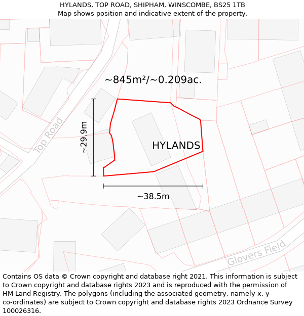 HYLANDS, TOP ROAD, SHIPHAM, WINSCOMBE, BS25 1TB: Plot and title map