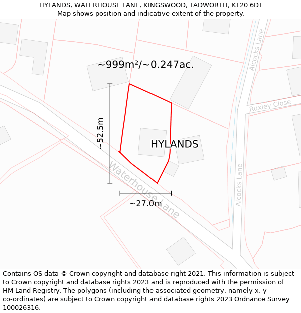 HYLANDS, WATERHOUSE LANE, KINGSWOOD, TADWORTH, KT20 6DT: Plot and title map