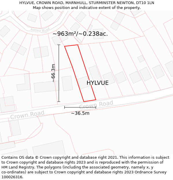 HYLVUE, CROWN ROAD, MARNHULL, STURMINSTER NEWTON, DT10 1LN: Plot and title map