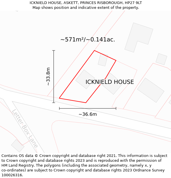 ICKNIELD HOUSE, ASKETT, PRINCES RISBOROUGH, HP27 9LT: Plot and title map