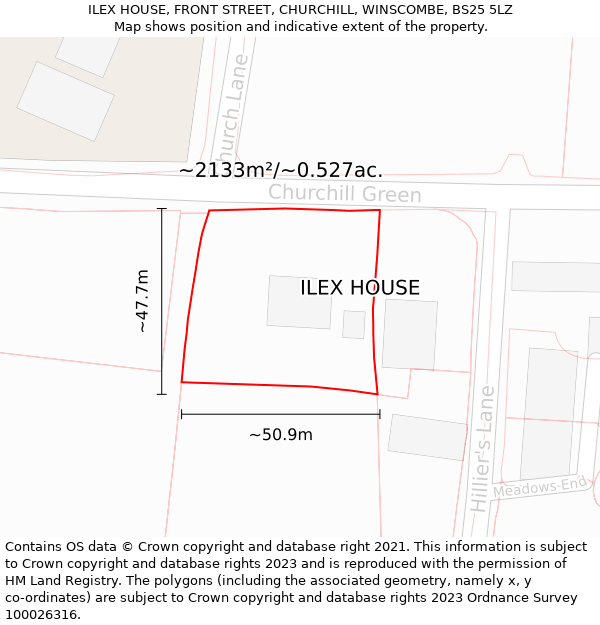 ILEX HOUSE, FRONT STREET, CHURCHILL, WINSCOMBE, BS25 5LZ: Plot and title map