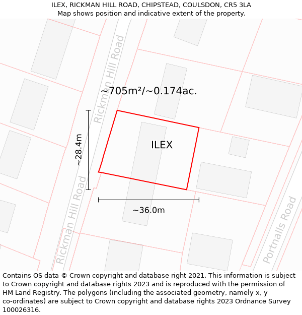 ILEX, RICKMAN HILL ROAD, CHIPSTEAD, COULSDON, CR5 3LA: Plot and title map