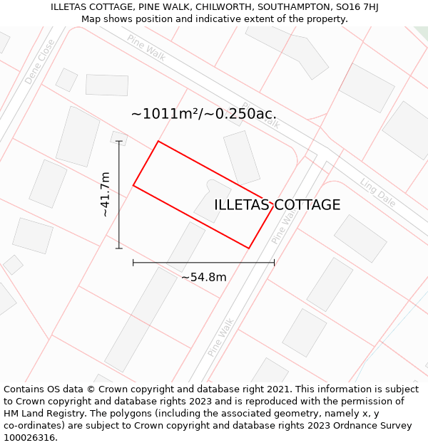 ILLETAS COTTAGE, PINE WALK, CHILWORTH, SOUTHAMPTON, SO16 7HJ: Plot and title map