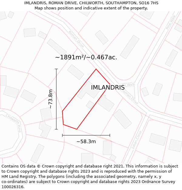 IMLANDRIS, ROMAN DRIVE, CHILWORTH, SOUTHAMPTON, SO16 7HS: Plot and title map