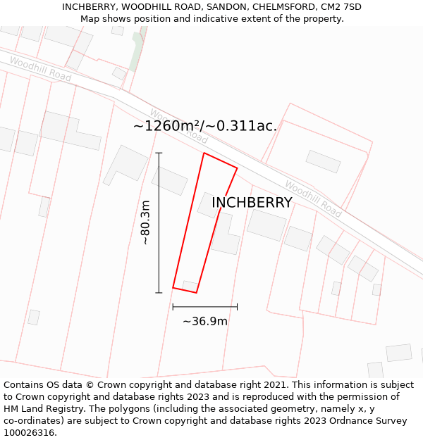 INCHBERRY, WOODHILL ROAD, SANDON, CHELMSFORD, CM2 7SD: Plot and title map