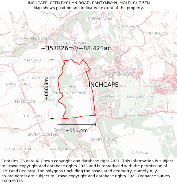 INCHCAPE, CEFN BYCHAN ROAD, PANTYMWYN, MOLD, CH7 5EN: Plot and title map