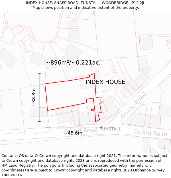 INDEX HOUSE, SNAPE ROAD, TUNSTALL, WOODBRIDGE, IP12 2JL: Plot and title map