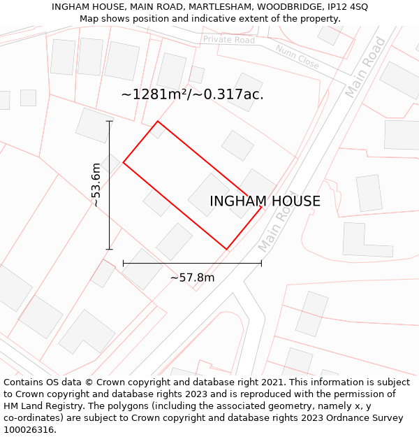 INGHAM HOUSE, MAIN ROAD, MARTLESHAM, WOODBRIDGE, IP12 4SQ: Plot and title map