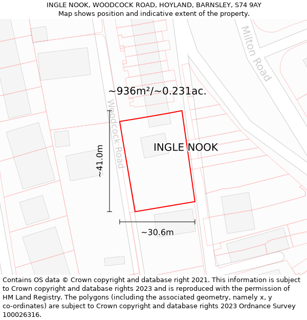 INGLE NOOK, WOODCOCK ROAD, HOYLAND, BARNSLEY, S74 9AY: Plot and title map