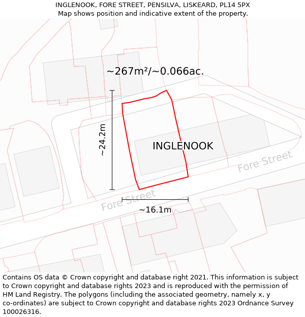 INGLENOOK, FORE STREET, PENSILVA, LISKEARD, PL14 5PX: Plot and title map