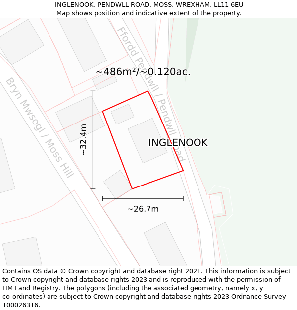 INGLENOOK, PENDWLL ROAD, MOSS, WREXHAM, LL11 6EU: Plot and title map