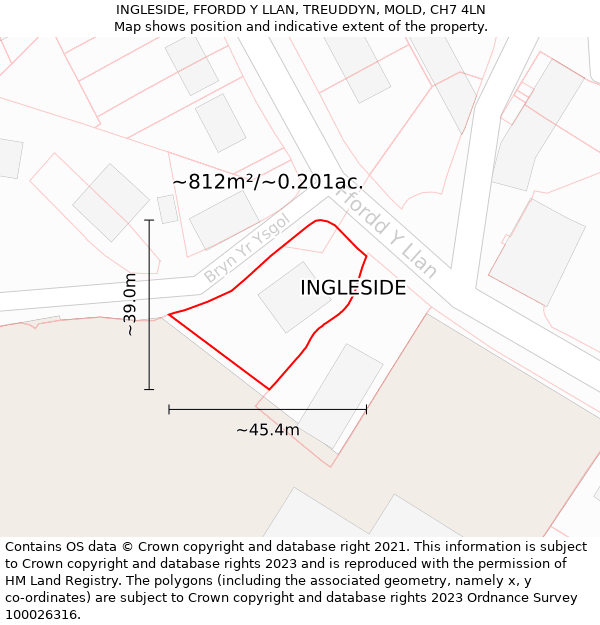 INGLESIDE, FFORDD Y LLAN, TREUDDYN, MOLD, CH7 4LN: Plot and title map