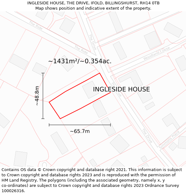 INGLESIDE HOUSE, THE DRIVE, IFOLD, BILLINGSHURST, RH14 0TB: Plot and title map