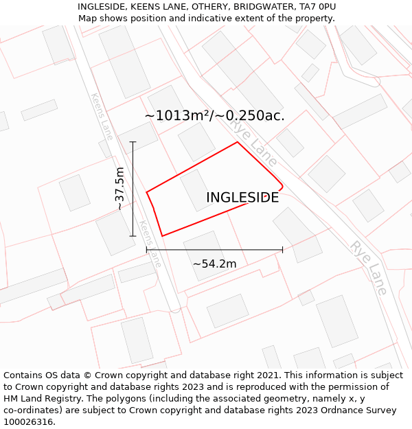 INGLESIDE, KEENS LANE, OTHERY, BRIDGWATER, TA7 0PU: Plot and title map