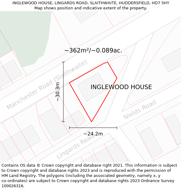 INGLEWOOD HOUSE, LINGARDS ROAD, SLAITHWAITE, HUDDERSFIELD, HD7 5HY: Plot and title map