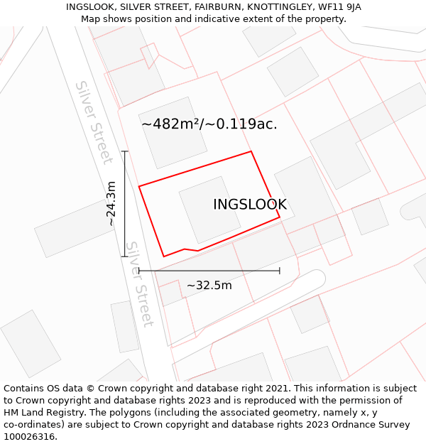 INGSLOOK, SILVER STREET, FAIRBURN, KNOTTINGLEY, WF11 9JA: Plot and title map