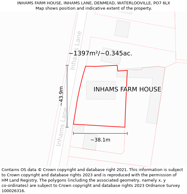 INHAMS FARM HOUSE, INHAMS LANE, DENMEAD, WATERLOOVILLE, PO7 6LX: Plot and title map