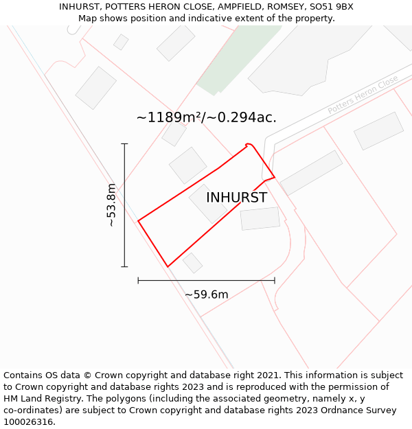 INHURST, POTTERS HERON CLOSE, AMPFIELD, ROMSEY, SO51 9BX: Plot and title map