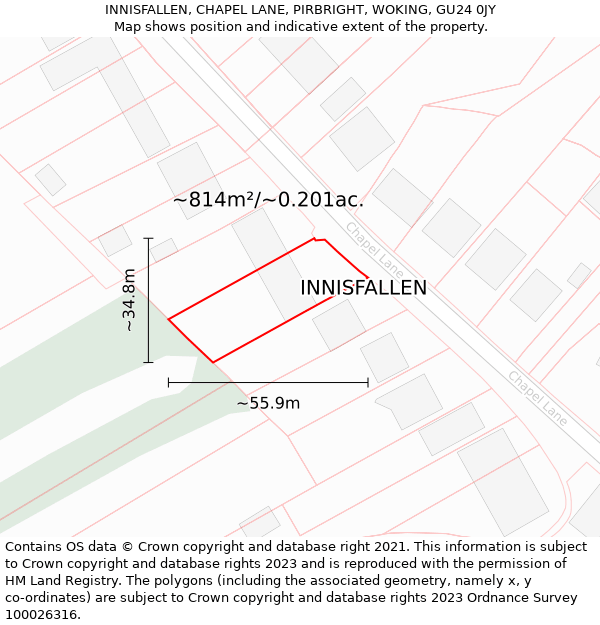 INNISFALLEN, CHAPEL LANE, PIRBRIGHT, WOKING, GU24 0JY: Plot and title map