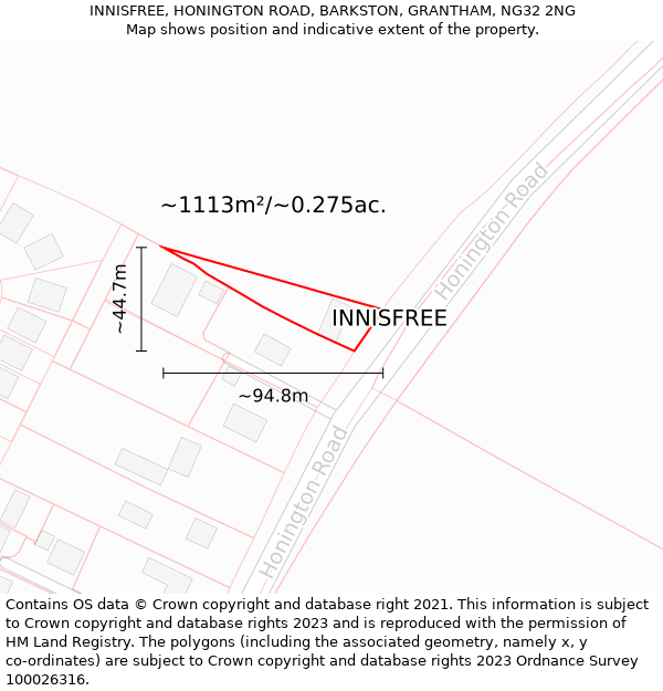 INNISFREE, HONINGTON ROAD, BARKSTON, GRANTHAM, NG32 2NG: Plot and title map