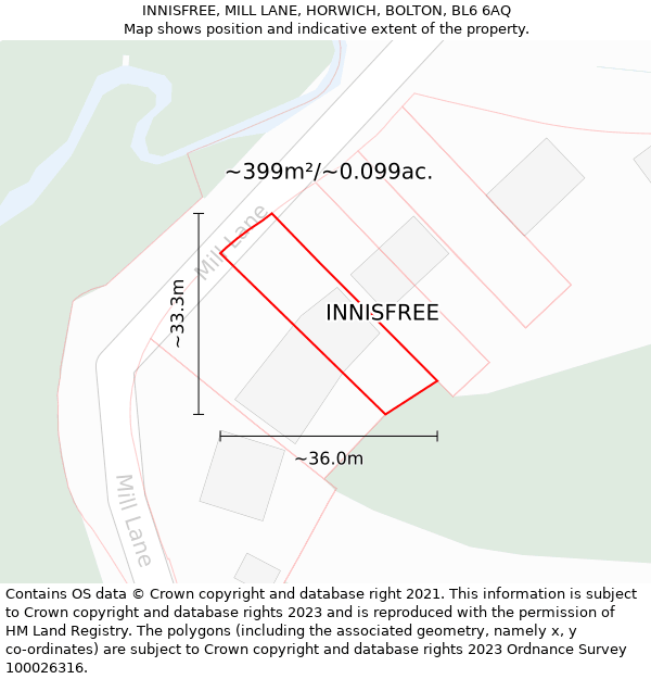 INNISFREE, MILL LANE, HORWICH, BOLTON, BL6 6AQ: Plot and title map