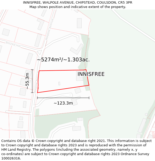 INNISFREE, WALPOLE AVENUE, CHIPSTEAD, COULSDON, CR5 3PR: Plot and title map