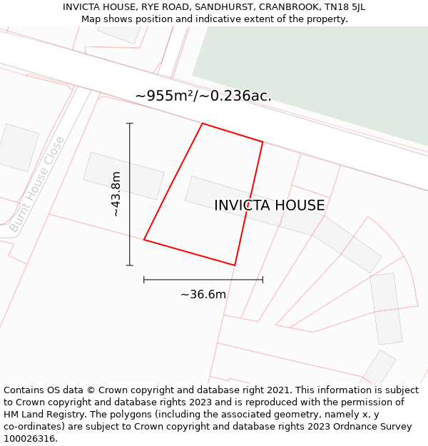 INVICTA HOUSE, RYE ROAD, SANDHURST, CRANBROOK, TN18 5JL: Plot and title map