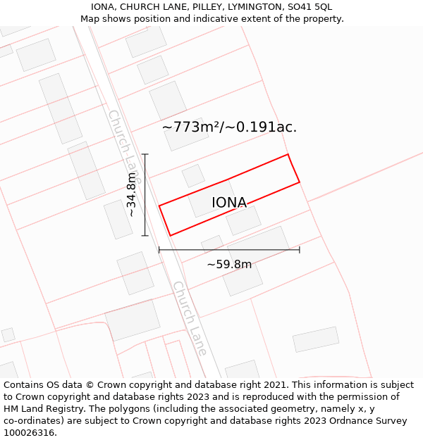 IONA, CHURCH LANE, PILLEY, LYMINGTON, SO41 5QL: Plot and title map