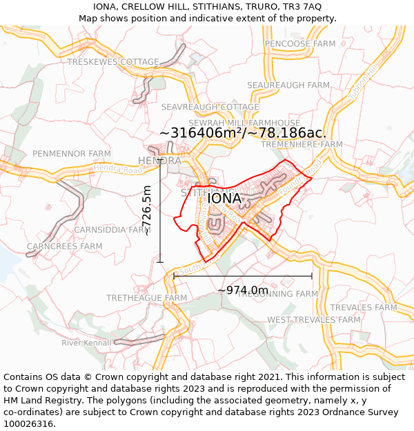 IONA, CRELLOW HILL, STITHIANS, TRURO, TR3 7AQ: Plot and title map