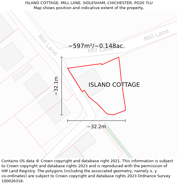 ISLAND COTTAGE, MILL LANE, SIDLESHAM, CHICHESTER, PO20 7LU: Plot and title map