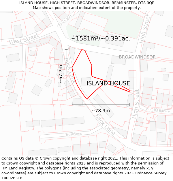 ISLAND HOUSE, HIGH STREET, BROADWINDSOR, BEAMINSTER, DT8 3QP: Plot and title map