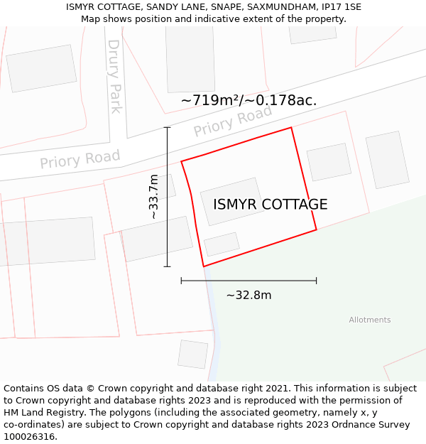 ISMYR COTTAGE, SANDY LANE, SNAPE, SAXMUNDHAM, IP17 1SE: Plot and title map