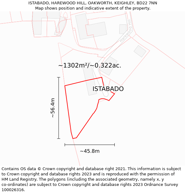 ISTABADO, HAREWOOD HILL, OAKWORTH, KEIGHLEY, BD22 7NN: Plot and title map