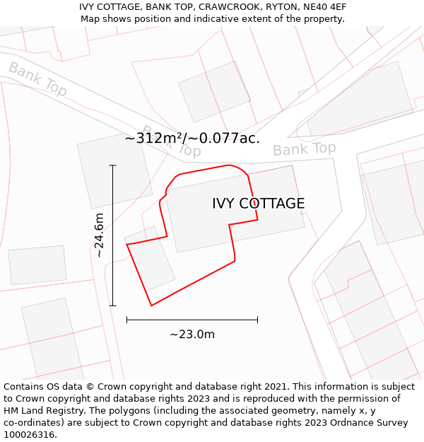 IVY COTTAGE, BANK TOP, CRAWCROOK, RYTON, NE40 4EF: Plot and title map