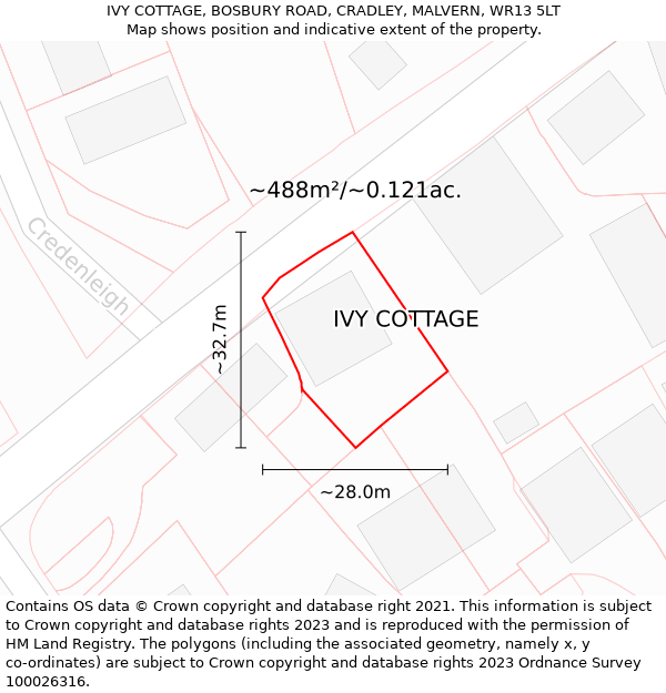 IVY COTTAGE, BOSBURY ROAD, CRADLEY, MALVERN, WR13 5LT: Plot and title map