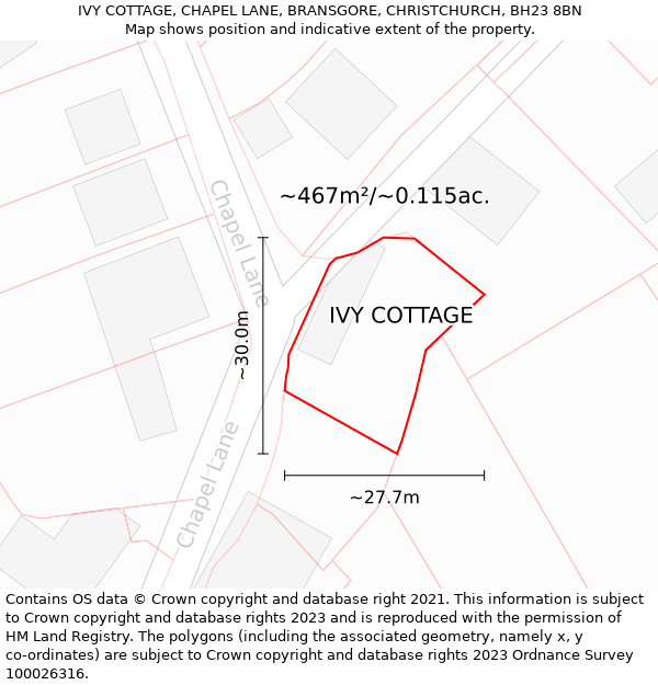 IVY COTTAGE, CHAPEL LANE, BRANSGORE, CHRISTCHURCH, BH23 8BN: Plot and title map