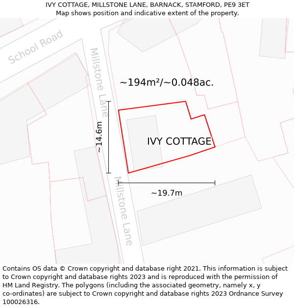 IVY COTTAGE, MILLSTONE LANE, BARNACK, STAMFORD, PE9 3ET: Plot and title map
