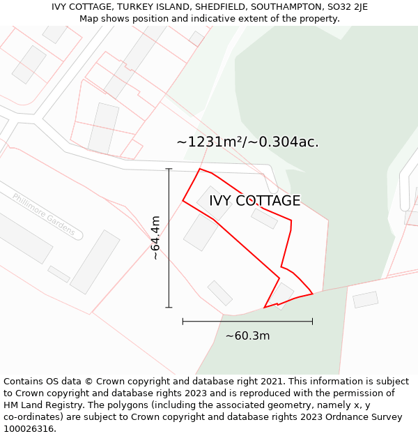 IVY COTTAGE, TURKEY ISLAND, SHEDFIELD, SOUTHAMPTON, SO32 2JE: Plot and title map