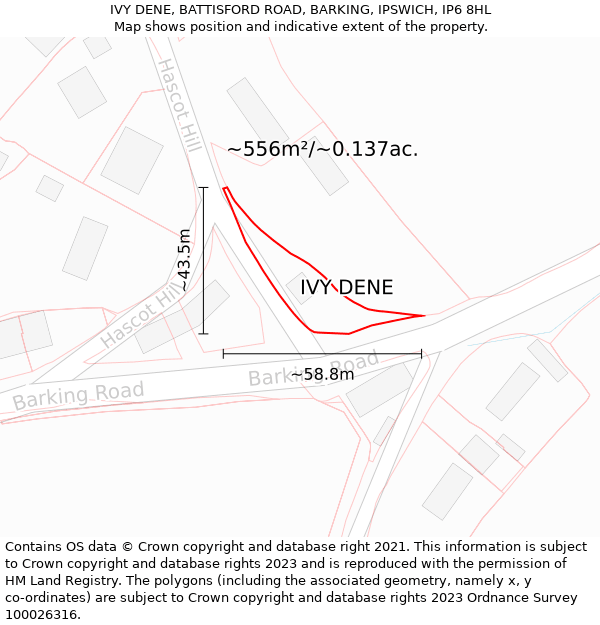 IVY DENE, BATTISFORD ROAD, BARKING, IPSWICH, IP6 8HL: Plot and title map