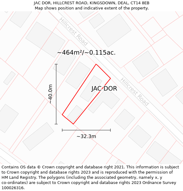 JAC DOR, HILLCREST ROAD, KINGSDOWN, DEAL, CT14 8EB: Plot and title map