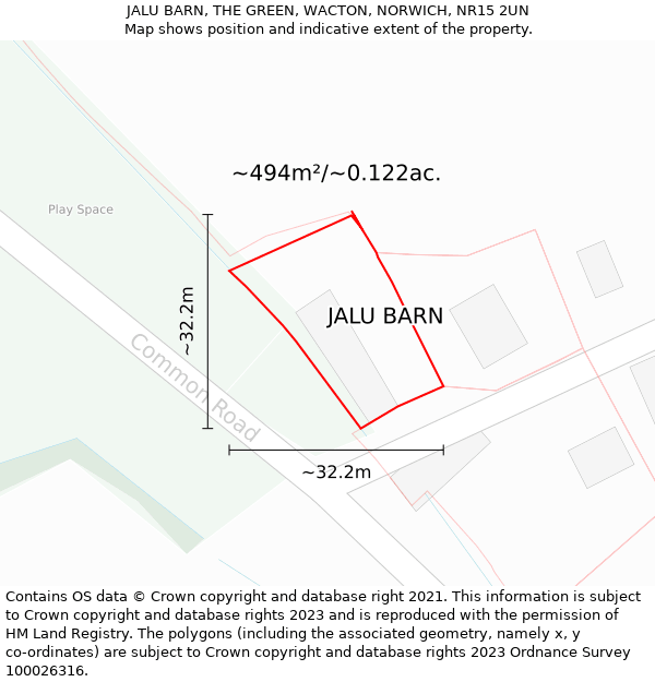 JALU BARN, THE GREEN, WACTON, NORWICH, NR15 2UN: Plot and title map