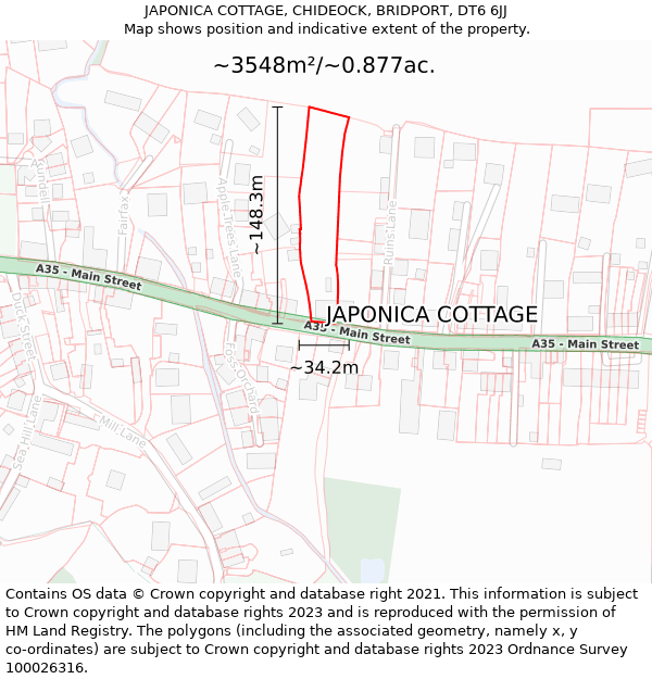 JAPONICA COTTAGE, CHIDEOCK, BRIDPORT, DT6 6JJ: Plot and title map