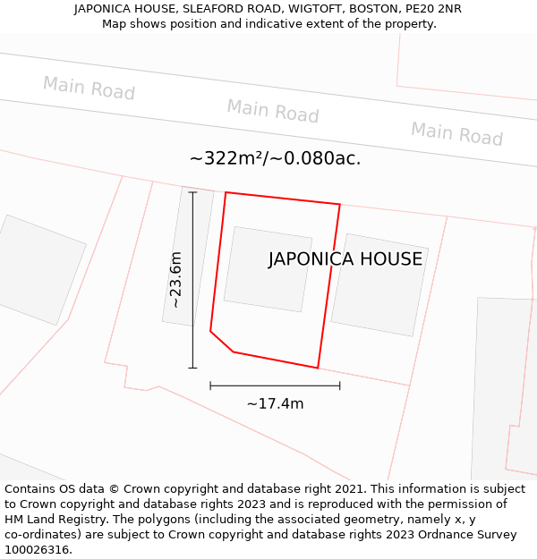 JAPONICA HOUSE, SLEAFORD ROAD, WIGTOFT, BOSTON, PE20 2NR: Plot and title map
