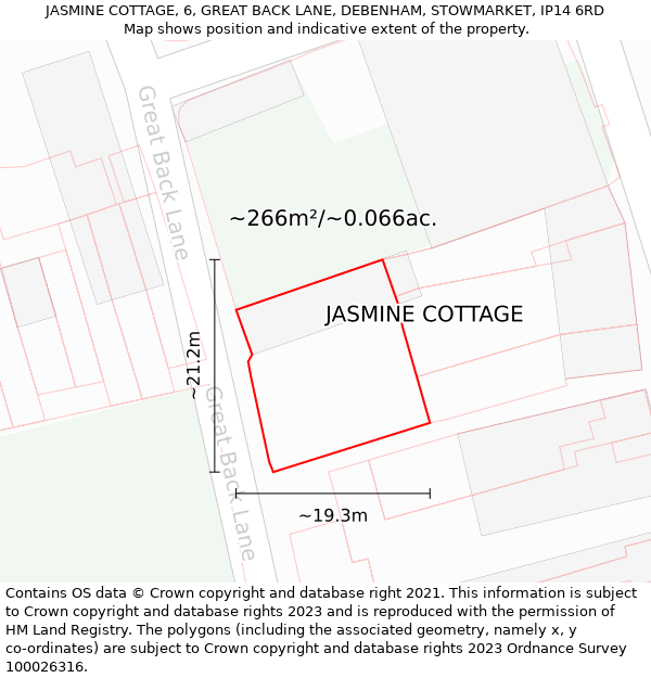 JASMINE COTTAGE, 6, GREAT BACK LANE, DEBENHAM, STOWMARKET, IP14 6RD: Plot and title map