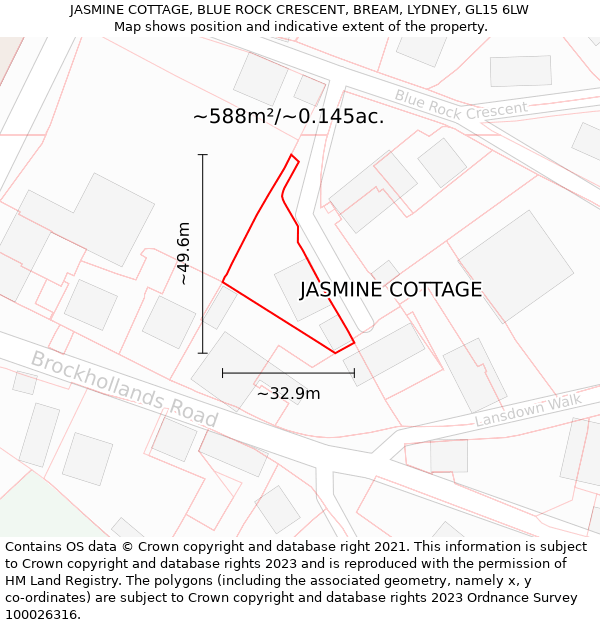 JASMINE COTTAGE, BLUE ROCK CRESCENT, BREAM, LYDNEY, GL15 6LW: Plot and title map