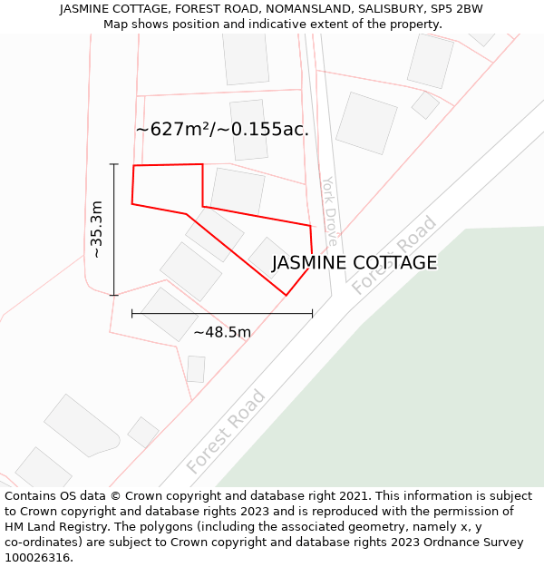 JASMINE COTTAGE, FOREST ROAD, NOMANSLAND, SALISBURY, SP5 2BW: Plot and title map