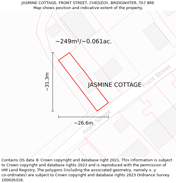 JASMINE COTTAGE, FRONT STREET, CHEDZOY, BRIDGWATER, TA7 8RE: Plot and title map