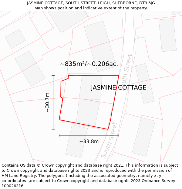 JASMINE COTTAGE, SOUTH STREET, LEIGH, SHERBORNE, DT9 6JG: Plot and title map