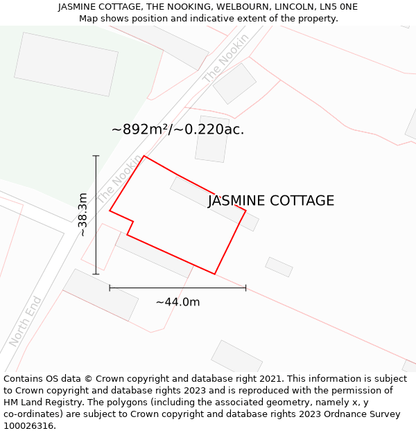 JASMINE COTTAGE, THE NOOKING, WELBOURN, LINCOLN, LN5 0NE: Plot and title map