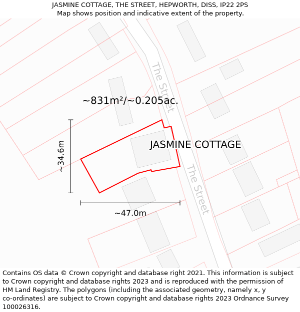 JASMINE COTTAGE, THE STREET, HEPWORTH, DISS, IP22 2PS: Plot and title map